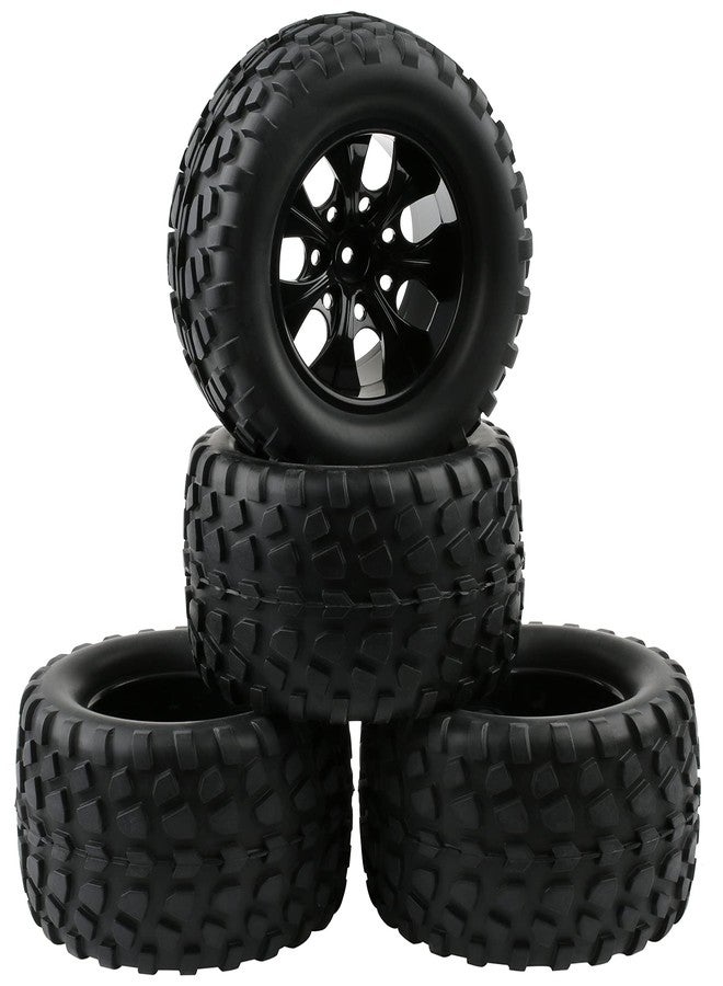 Rchobbytop 4pcs 12mm Hex RC Wheels and Tires Rubber Tires Set for 1/10 Off Road Monster Truck Volcano Epx/Pro Volcano S30 Stampede HSP 94108 94111 94188 94701 with Drive Hub Adapters Lock Nuts and Wrench, Black - Image 1